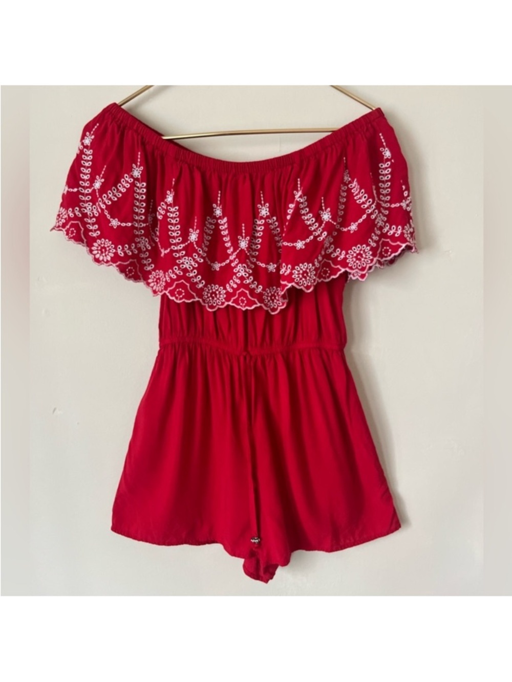 Kingston Vibrant romper‎ boho summer Red with White embroidered Detailing S